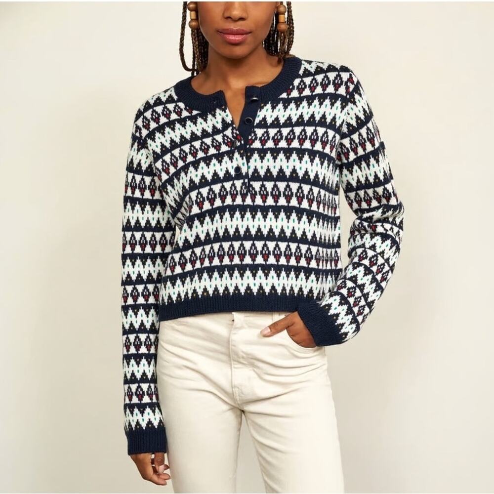 LA LIGNE NEW YORK Courchevel Fair Isle Merino Wool Henley Sweater in Navy Multi